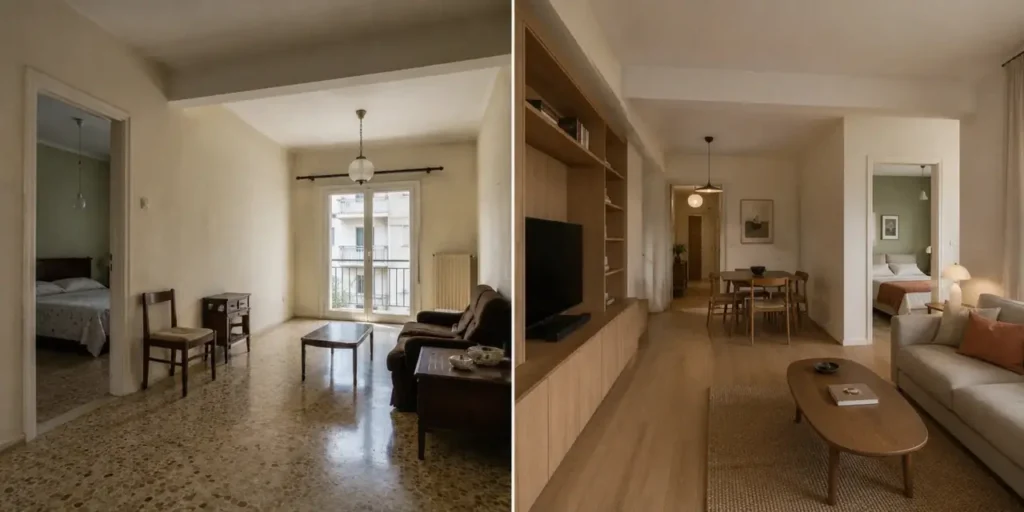 Ενδεικτικό παράδειγμα πριν και μετά ανακαίνισης καθιστικού