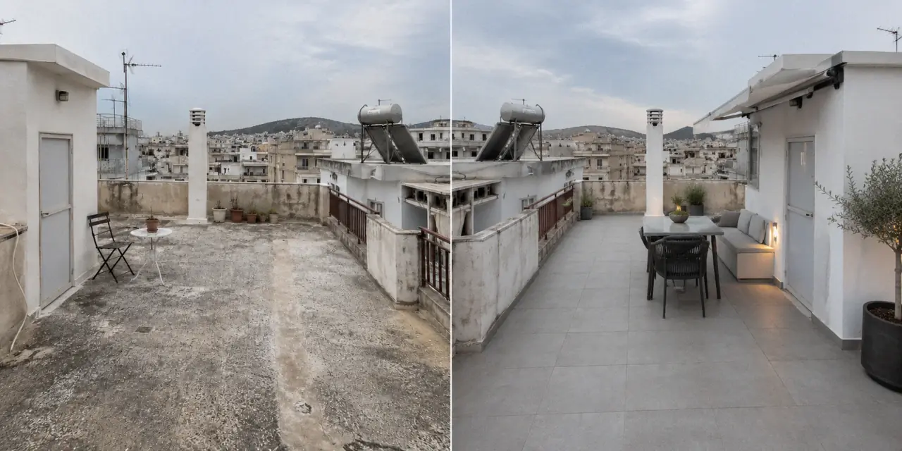 Ενδεικτικό παράδειγμα πριν και μετά ανακαίνισης ταράτσας